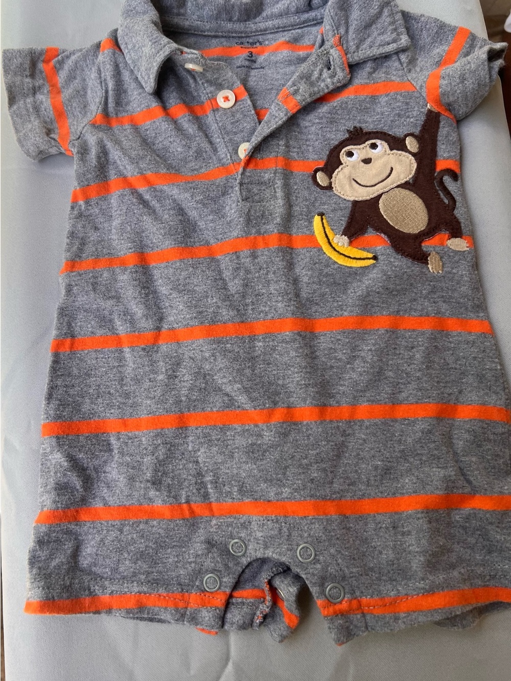 Gray & Orange Striped Baby One-Piece Romper with Monkey Appliqué